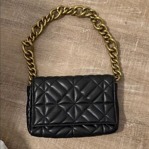 Zara Quilted Black Shoulder Bag with Gold Chain